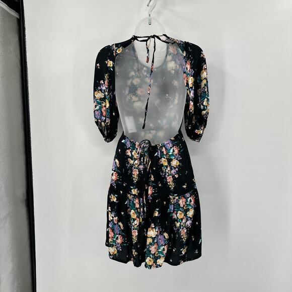 O'Neill Mini Dress Womens Small Alta Black Floral Open Back Puff‎ Sleeve Cottage - Picture 6 of 7